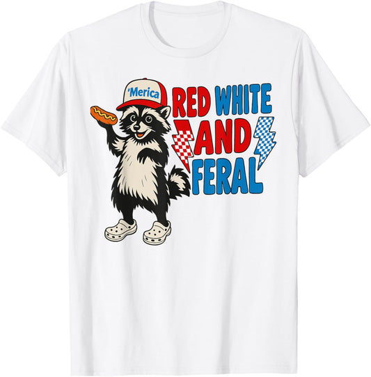 Red White And Feral Raccoon Hot Dog USA Flag 4th Of July T-Shirt