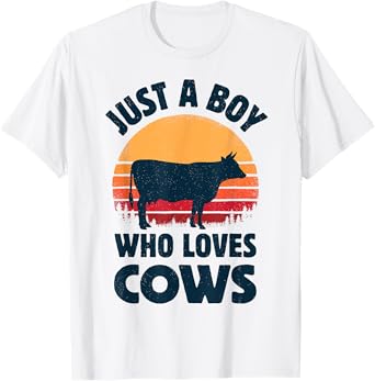 Cow Just A Boy Who Loves Retro Farm Animal Farmer Sunset T-Shirt