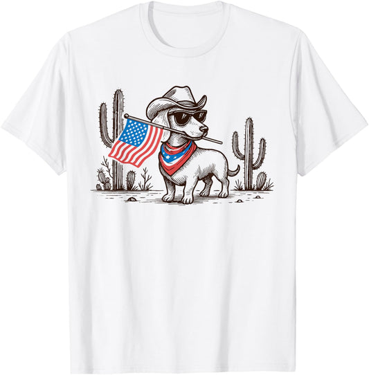 Patriotic Dachshund Western Cowboy Dog USA Flag 4th of July T-Shirt