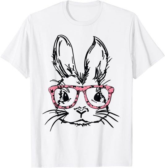 Cute Bunny With Glasses Leopard Print Easter Bunny Face T-Shirt