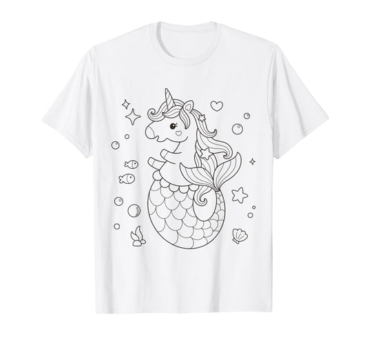 Cute unicorn mermaid to paint and color in for children T-Shirt