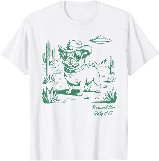Pug Dog Cowboy Cowgirl UFO Vintage Western Country Dog Mom T-Shirt