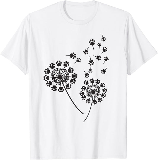 Cute Dandelion Flowers Cat Dog Paw Print Blowing Away Summer T-Shirt