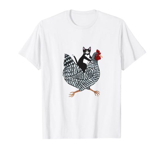 Cat on a Chicken T-Shirt - Unisex-Adults, Black, Medium, Short Sleeve, Animal Print, Classic Fit