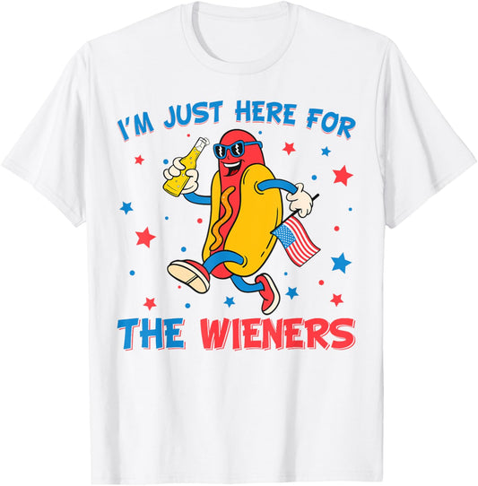 Retro Just Here For The Wieners 4th of July Funny Hot Dog T-Shirt