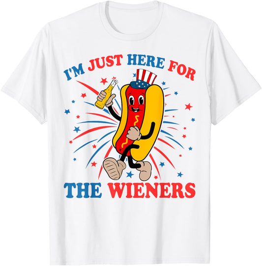 Retro Just Here For The Wieners 4th of July Funny Hot Dog T-Shirt