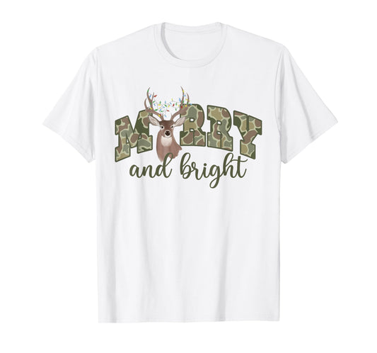 Merry And Christmas Bright Camouflage Reindeer Xmas Pajamas T-Shirt