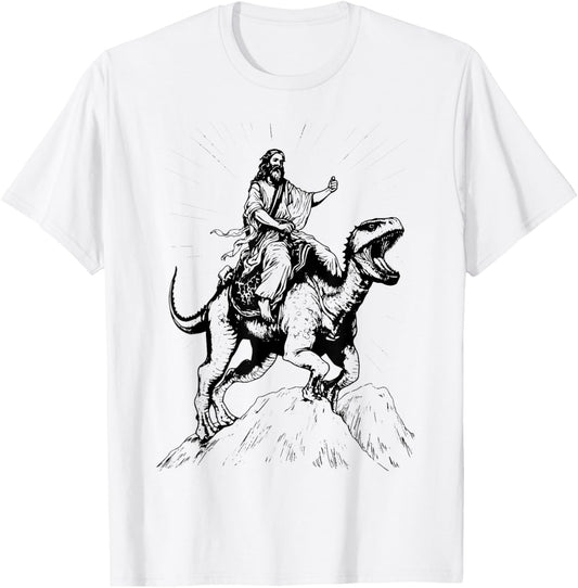 Funny Jesus riding Dinosaur | Weird Ironic Christian Parody T-Shirt