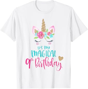 Unicorn 9th Birthday Party Shirt Girl 9 Years Old T-Shirt T-Shirt