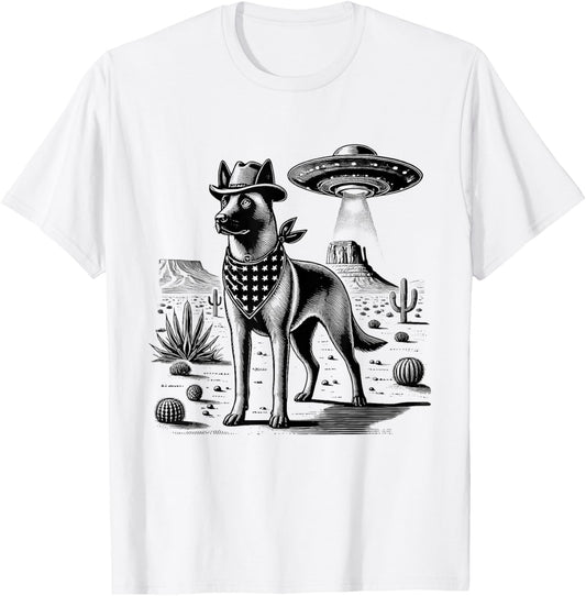Vintage Belgian Malinois UFO Western Wild West Dog Mom Dad T-Shirt