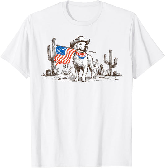 Western Golden Retriever Patriotic Dog 4th July US Flag T-Shirt