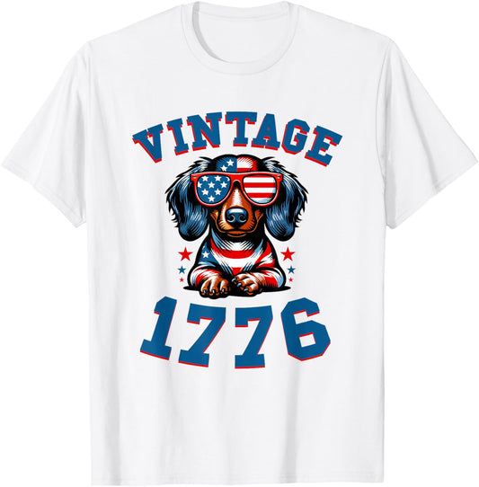 Vintage Dachshund 4th Of July Dog Patriotic USA Flag Dog T-Shirt