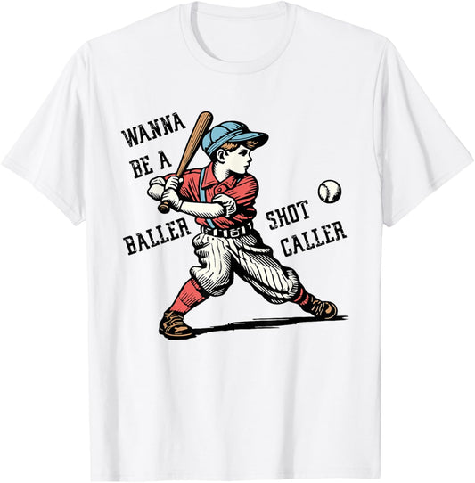 Wanna Be A Baller Shot Caller Retro Game Day Baseball Boy T-Shirt