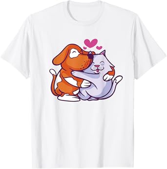 Cat And Dog Hugging Cartoon Love Pet Hug T-Shirt for Men Women Kids