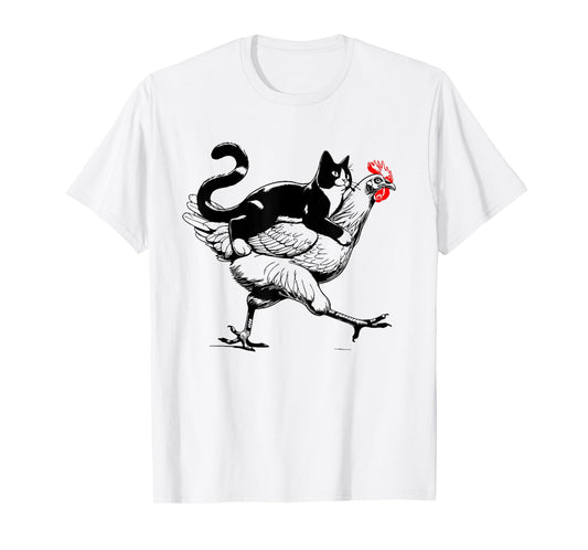 Tuxedo Cat on a Chicken Funny tuxedo cat riding a chicken T-Shirt for Men Women Girls Kids