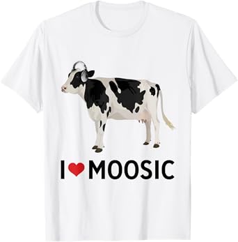 I Love Music Headphones Cow "I Heart Moosic" Funny Pun Tee