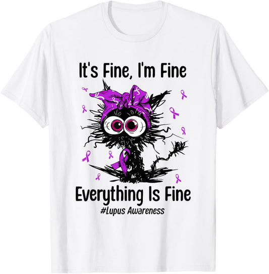 Funny Cat Lupus Awareness Warrior Fighter Purple Ribbon T-Shirt