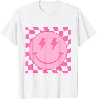 Retro Happy Face Pink Checkered Pattern Smile Face Trendy T-Shirt