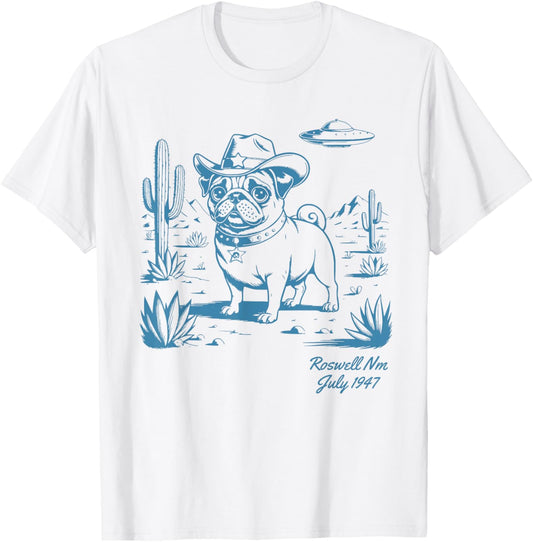 Pug Dog Cowboy Cowgirl UFO Vintage Western Country Dog Mom T-Shirt