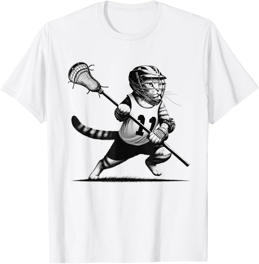 Vintage Cat Playing Lacrosse Kitten Lover Lacrosse Player T-Shirt