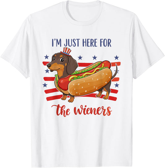 Just Here For The Wieners Dachshund 4th of July Hot Dog T-Shirt