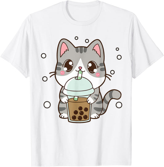 Cute Cat Boba Tea Teen Girl Women Japanese Anime Graphic Tee T-Shirt