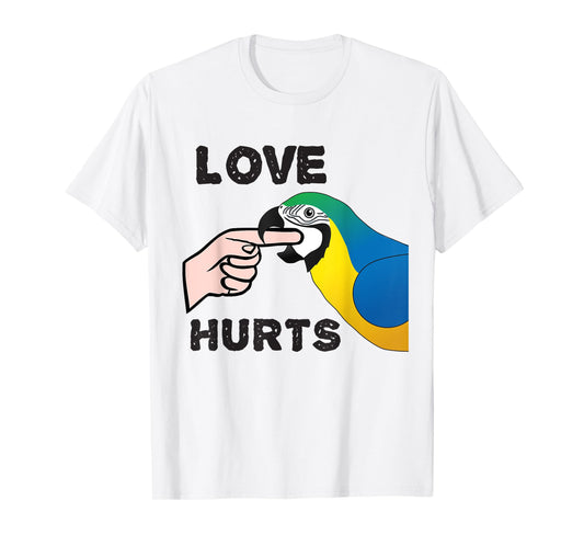 Love Hurts Blue and Gold Macaw Parrot T-Shirt