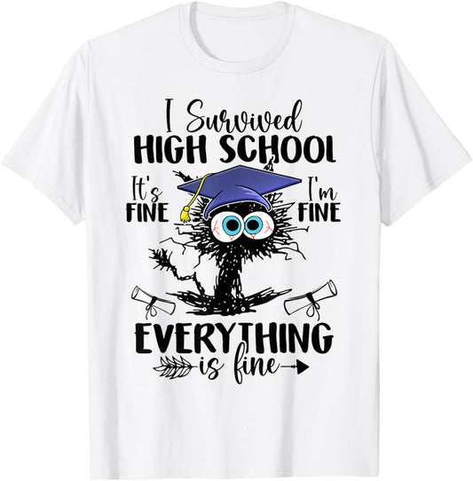I Survived High School Class 2025 Funny Black Cat Graduation T-Shirt