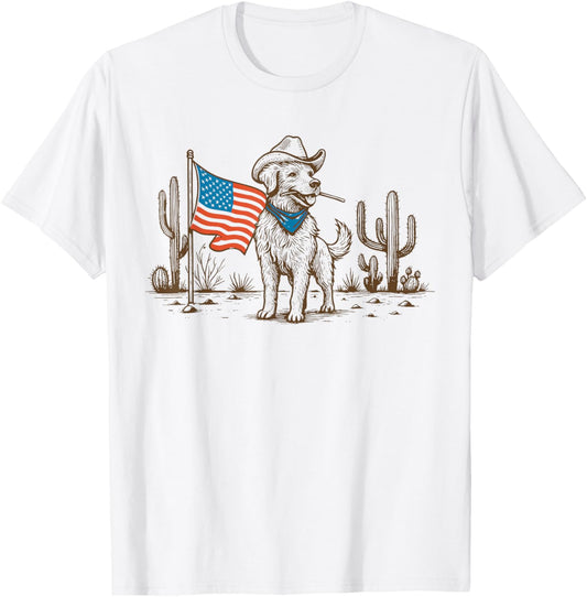 Retro Western Patriotic Cowboy Dog American Flag 4th of July T-Shirt