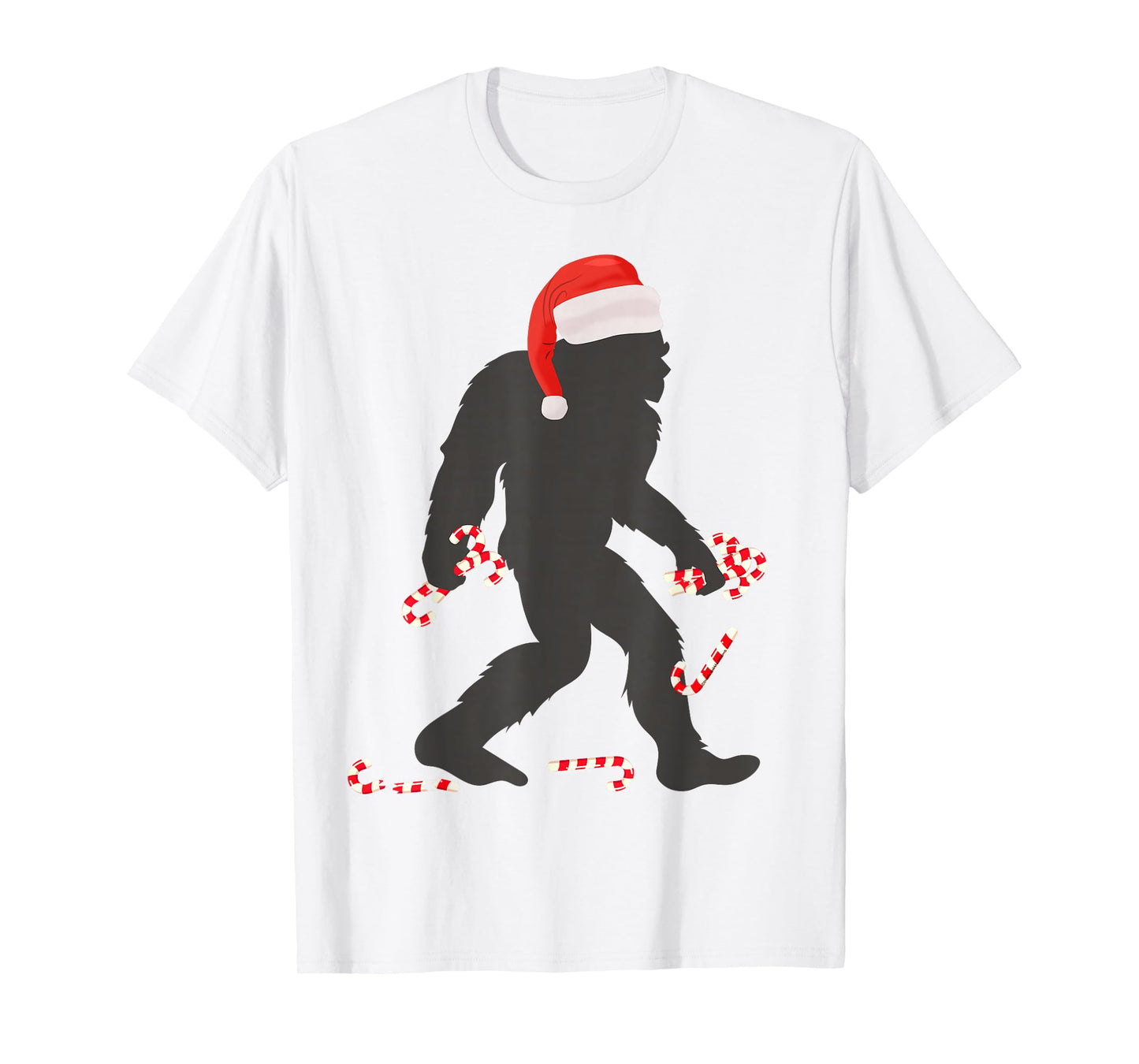 Funny Christmas Bigfoot with Santa Hat Carrying Candy Canes T-Shirt
