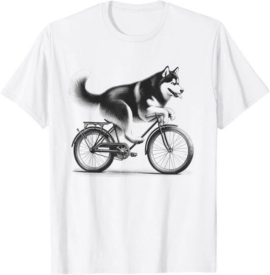 Siberian Husky Dog Riding a Bike Bicycle Biker Cycling T-Shirt