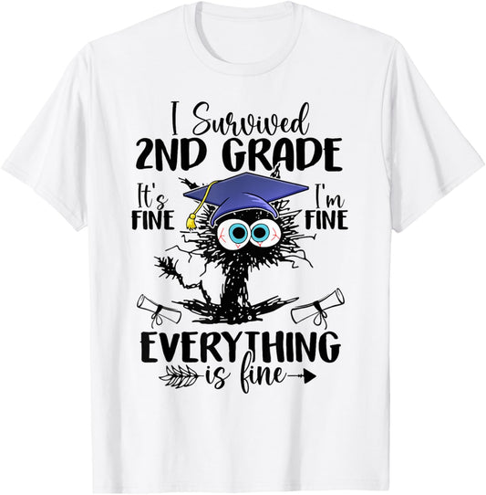 I Survived 2nd Grade Graduated Funny Black Cat Graduation T-Shirt