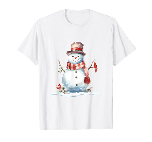 Cardinal Bird on Cute Winter Christmas Snowman, watercolor T-Shirt