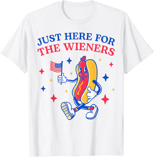 Retro Just Here For The Wieners 4th of July Funny Hot Dog T-Shirt