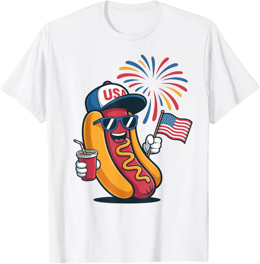 Funny 4th July Hotdog American Flag Boy Toddler Patriot Kids T-Shirt