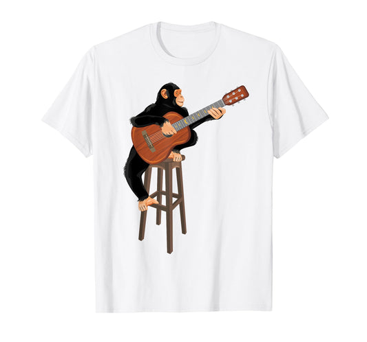 Chimpanzee playing acoustic guitar. Funny monkey T-Shirt