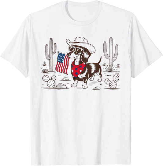 Western Cowboy Dachshund Dog 4th of July Patriotic USA Flag T-Shirt