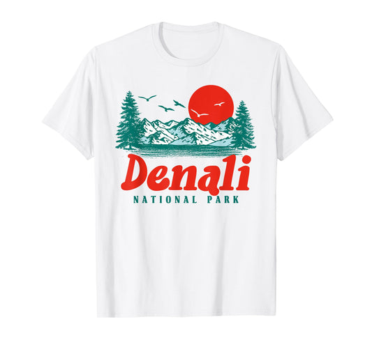 Retro Denali National Park Mountain Trees & Sun Graphic T-Shirt