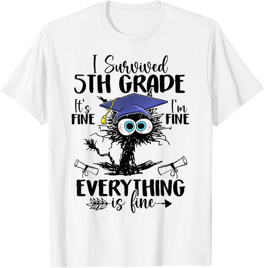 I Survived 5th Grade Graduated Funny Black Cat Graduation T-Shirt