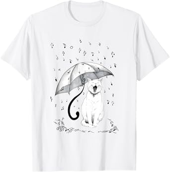 Cute Cat Kitty Umbrella Rainy Music Note Clef Musician Art Men Women Kids T-Shirt