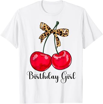 Cherry Leopards Bow Birthday Girl Cute Women Girls Teens T-Shirt