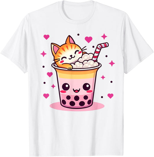 Funny Cat Boba Tea Cute Cat Anime With Bubble Tea Lover T-Shirt