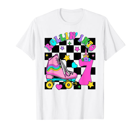 Rolling Into 7 Years Old Skater 7th Birthday Kids Girls T-Shirt