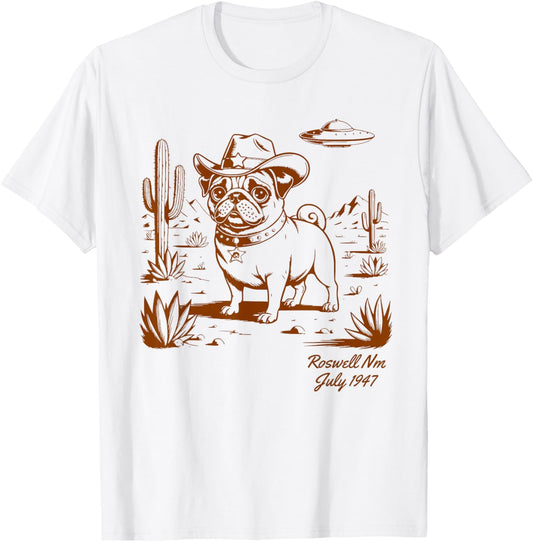Pug Dog Cowboy Cowgirl UFO Vintage Western Country Dog Mom T-Shirt