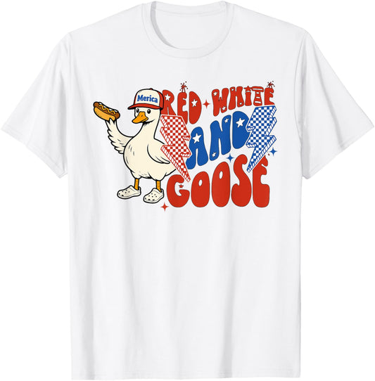 Red White And Goose 4th Of July Patriotic Goose Hot Dog T-Shirt