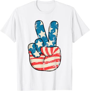 USA Flag Peace Sign Hand 4th of July Patriotic Men Boys T-Shirt