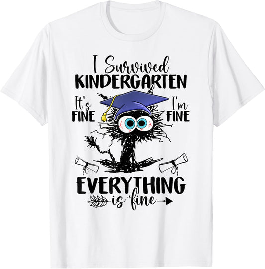I Survived Kindergarten Graduated Funny Black Cat Graduation T-Shirt