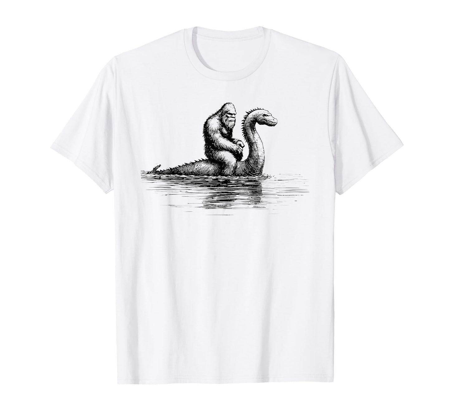 funny bigfoot sasquatch riding loch ness monster cryptid T-Shirt