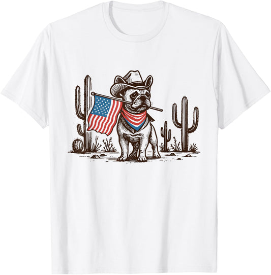 Funny Western French Bulldog 4th Of July Cute Cowboy Dog T-Shirt