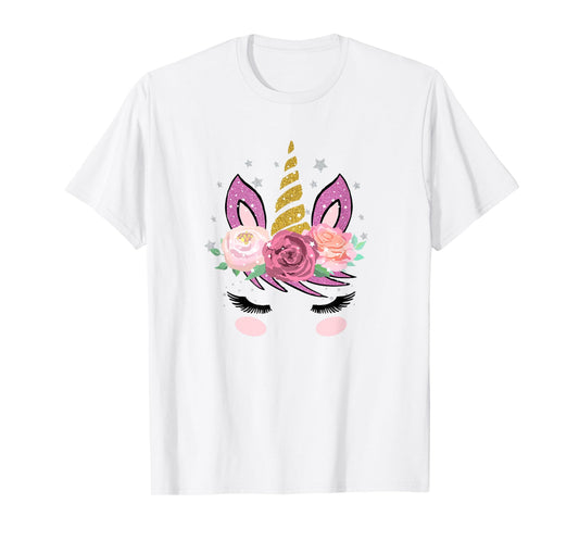 Cute Unicorn Face With Flowers And Beautiful Lashes Gift T-Shirt